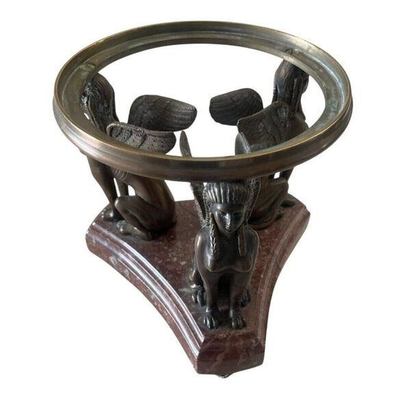 Winged Sphinx Egyptian Bronze Brass Statue Rare Marble Candle Holder Sculpture - Picture 9 of 16